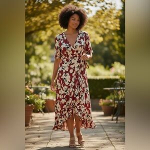 Honey Punch Burgundy and Cream Daniella Wrap Maxi Dress